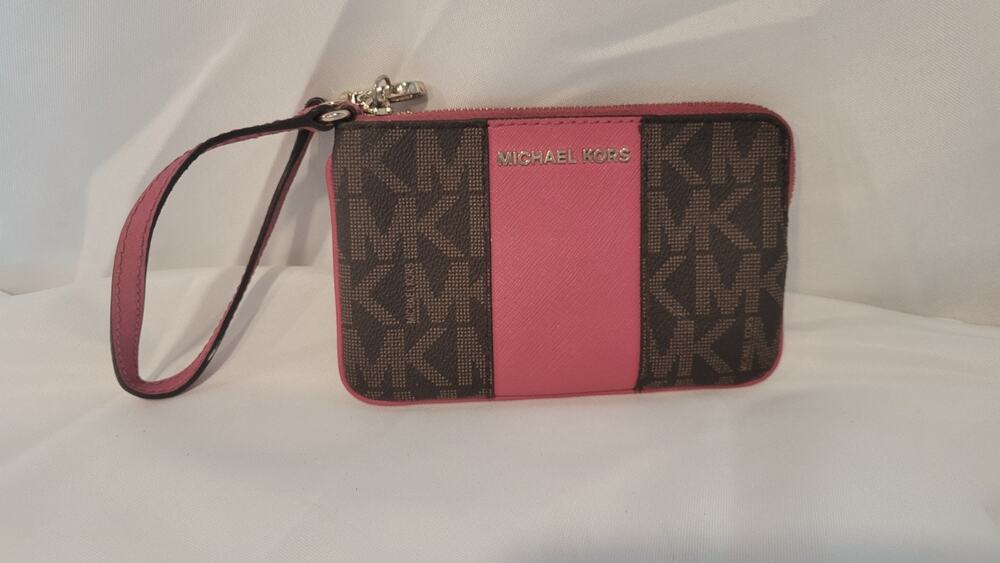 Michael Kors Logo Stripe Continental Wristlet Wallet Brown Pink MK Signature